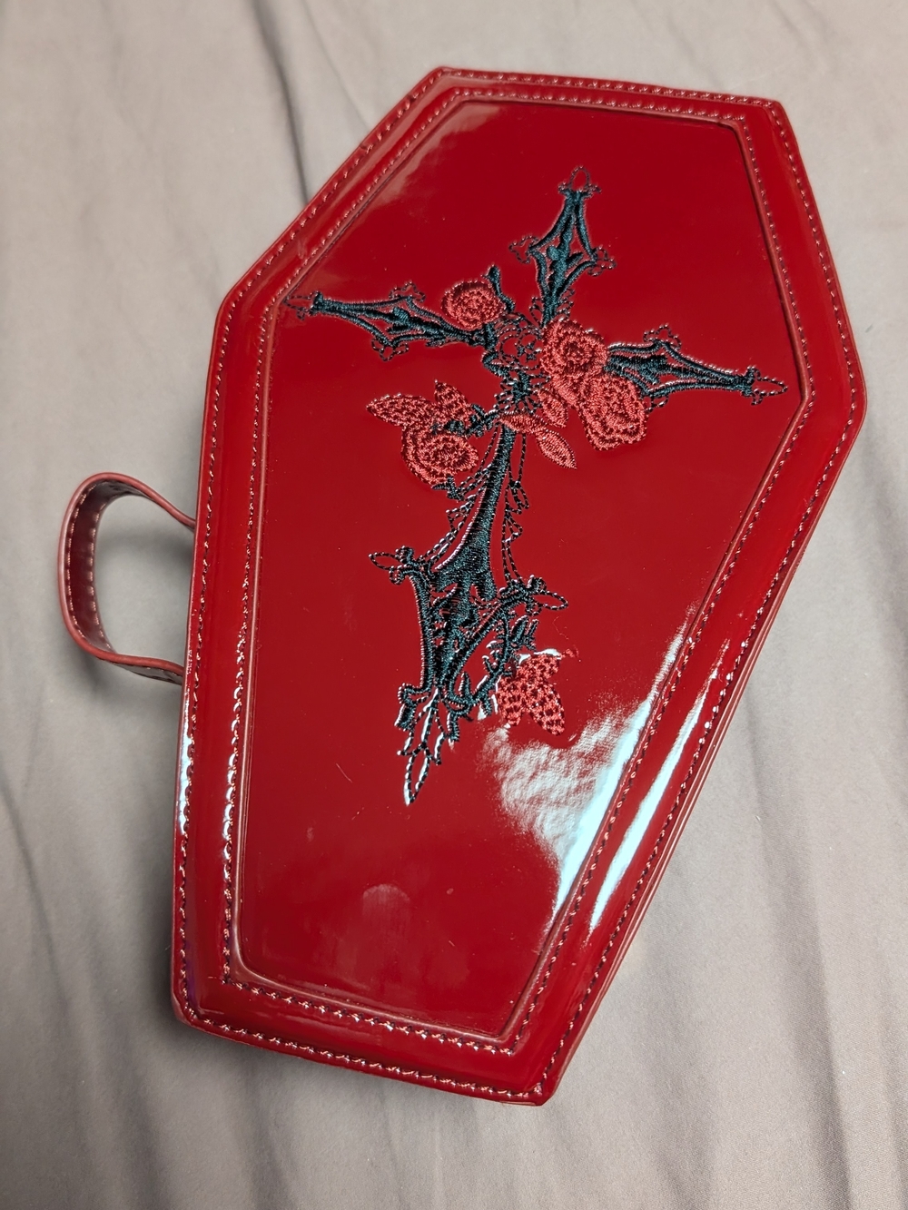 Purse PU Red Coffin Shaped with Embroidered Cross And Roses